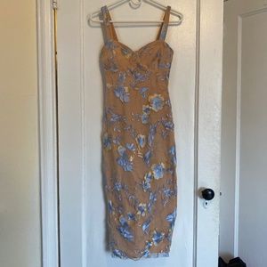Beige bustier dress with blue flowers lulus